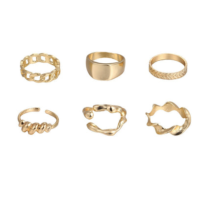 New Hip Hop Irregular Texture Ring Set Six Piece Set for Women's Personalized Light Luxury Temperament Handicrafts