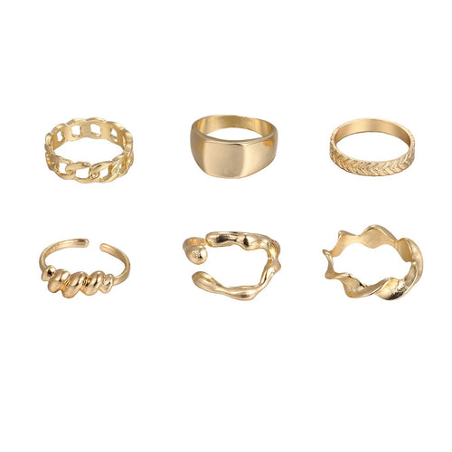 New Hip Hop Irregular Texture Ring Set Six Piece Set for Women's Personalized Light Luxury Temperament Handicrafts