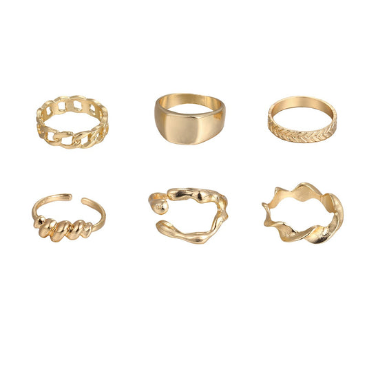 New Hip Hop Irregular Texture Ring Set Six Piece Set for Women's Personalized Light Luxury Temperament Handicrafts